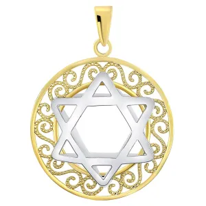14k Two-Tone Gold 3D Filigree Jewish Star of David Medallion Pendant