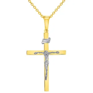 14k Two-Tone Gold 3D INRI Catholic Christian Crucifix Cross Pendant Necklace