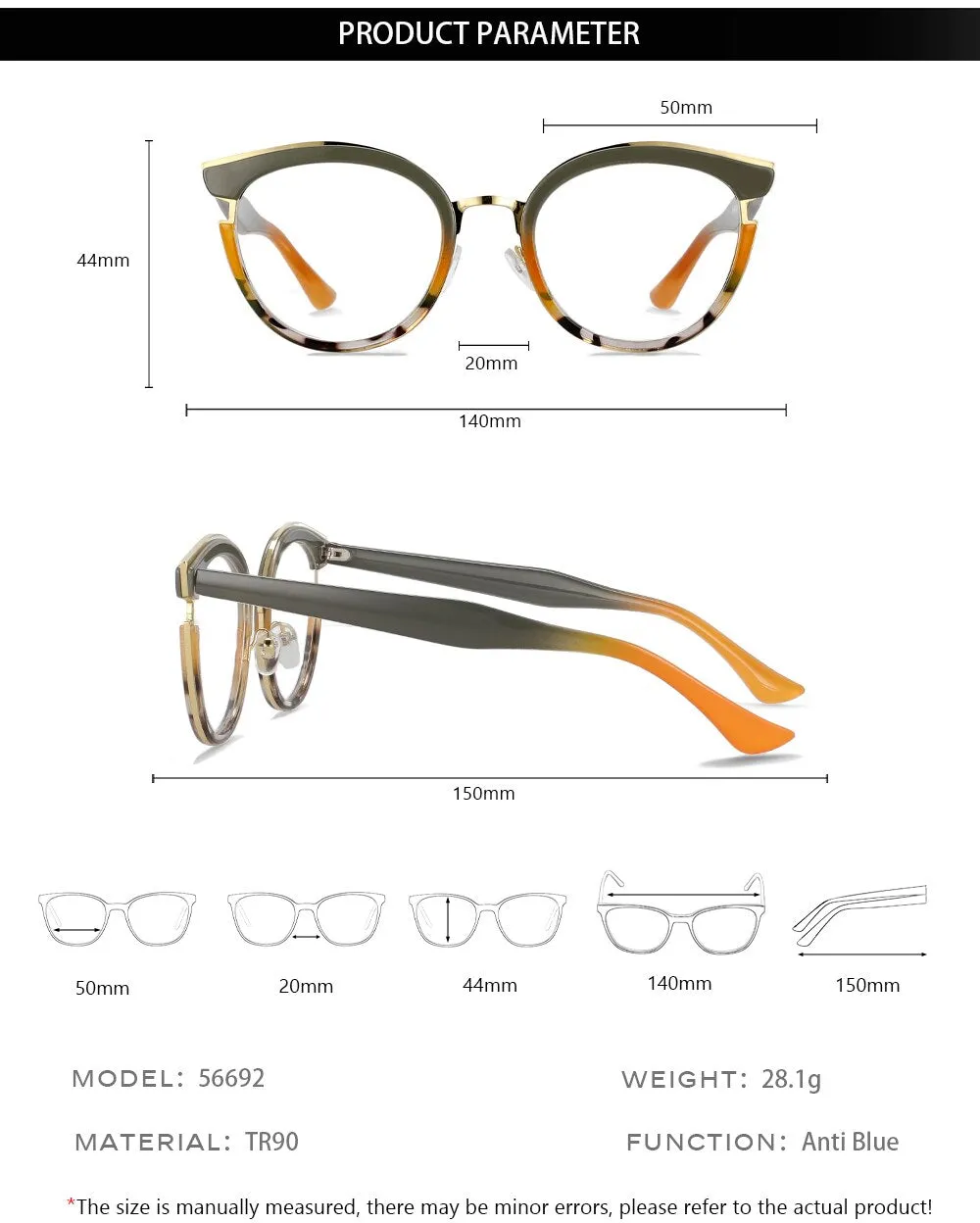 CCspace  Women's Full Rim Cat Eye Tr 90 Titanium Eyeglasses 56692