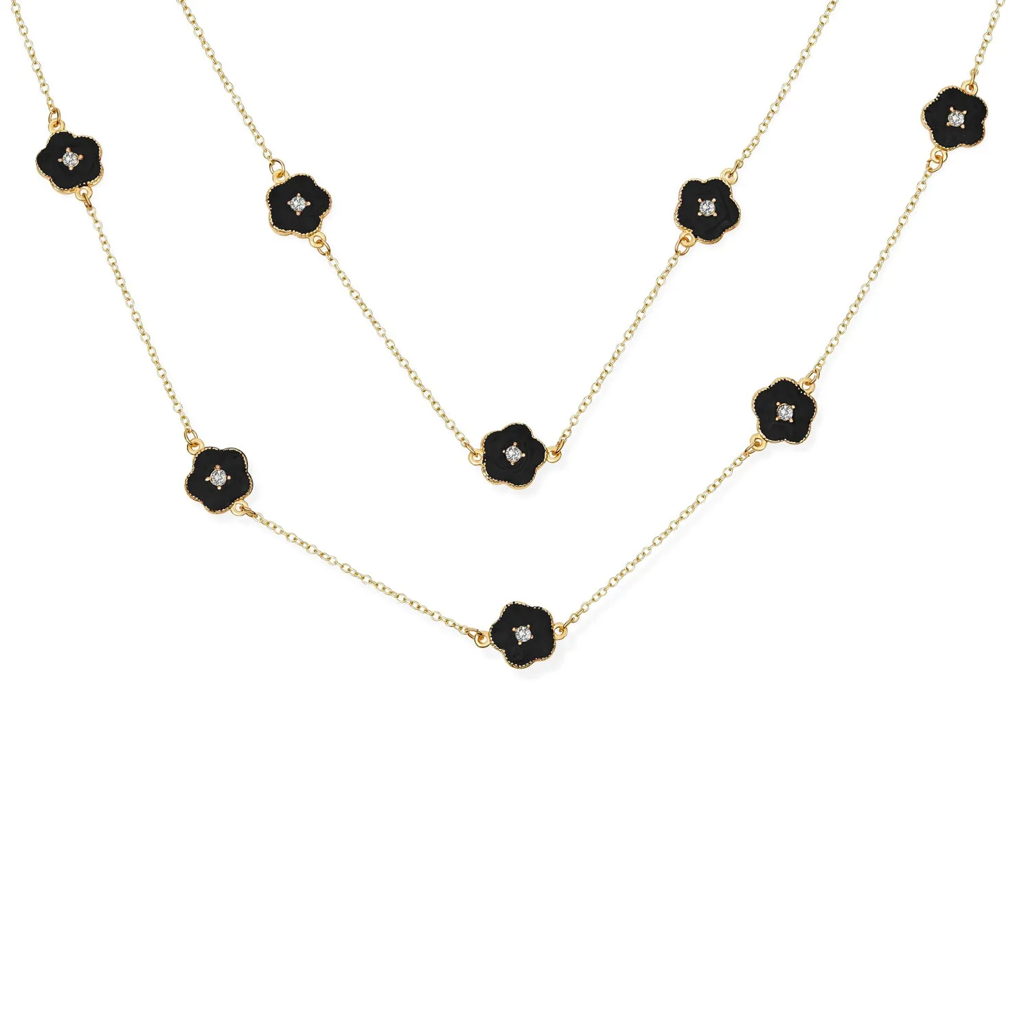 Fashion Enamel Flower Strand Necklace 14K Gold Plated 36 Inch Crystal Accents