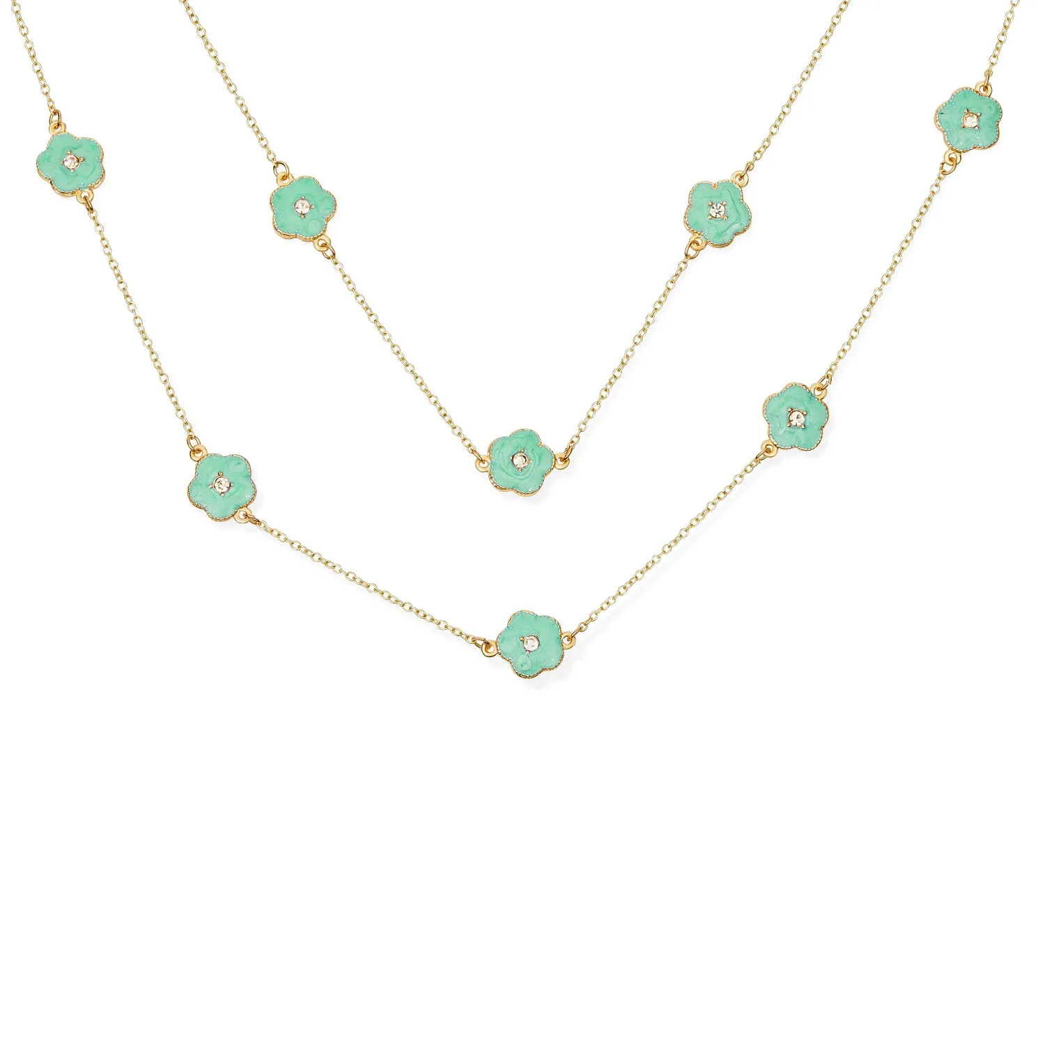 Fashion Enamel Flower Strand Necklace 14K Gold Plated 36 Inch Crystal Accents