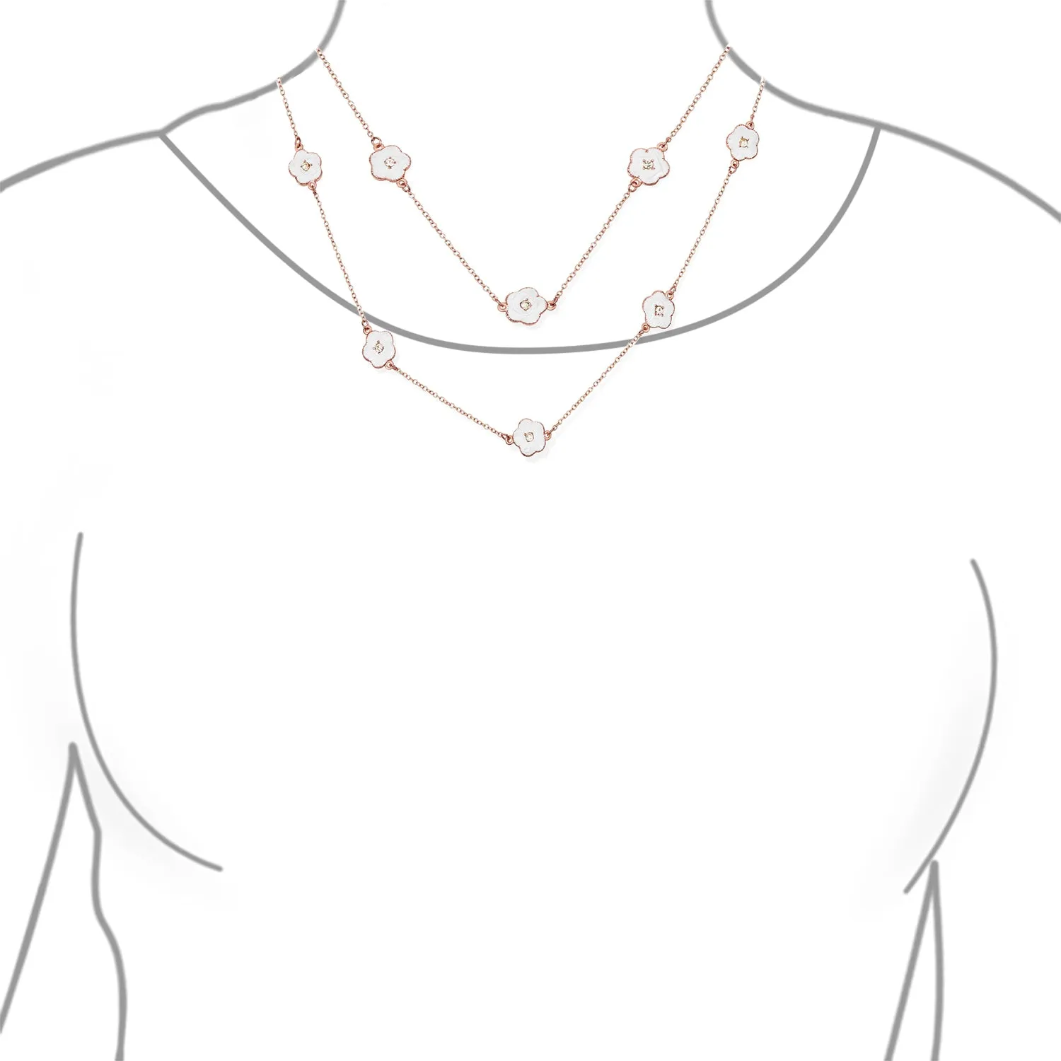 Fashion Enamel Flower Strand Necklace 14K Gold Plated 36 Inch Crystal Accents