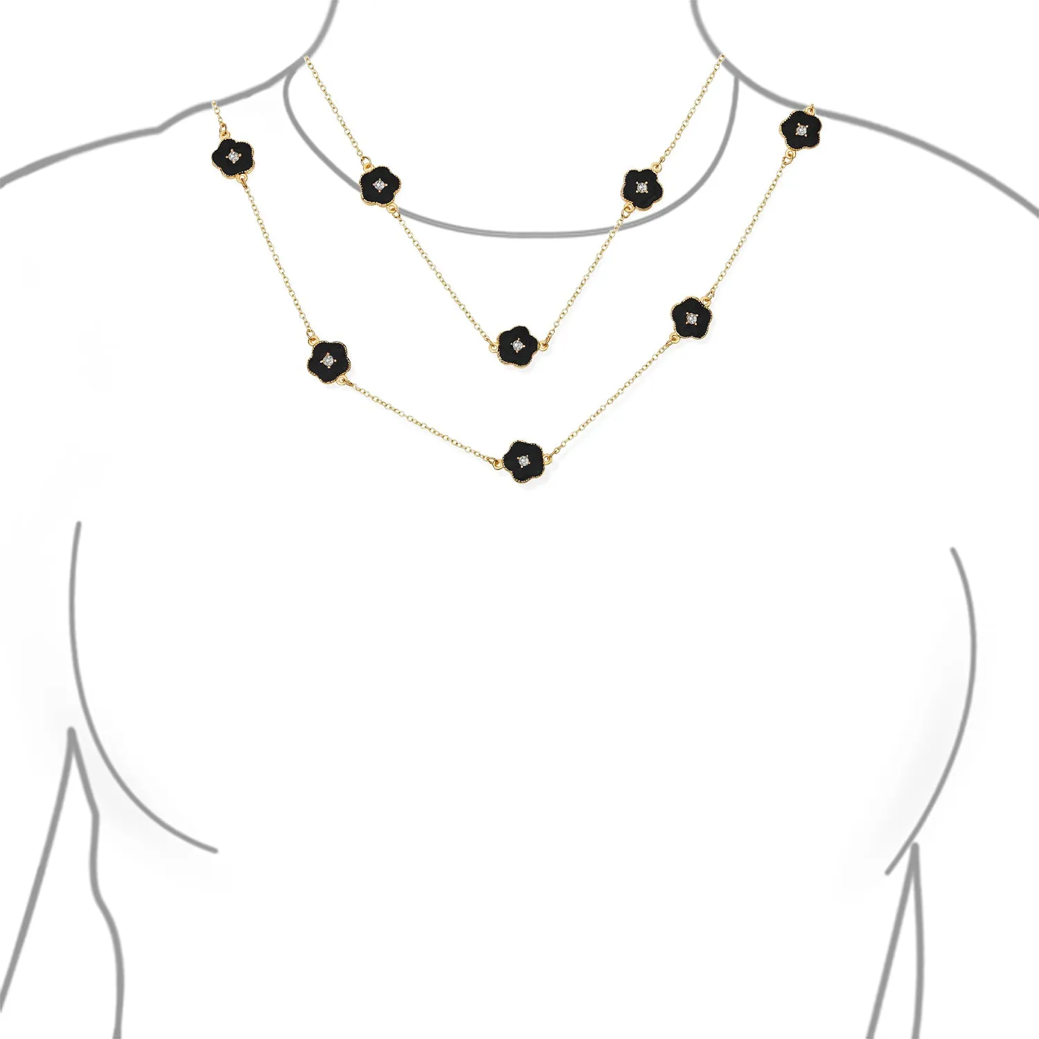 Fashion Enamel Flower Strand Necklace 14K Gold Plated 36 Inch Crystal Accents