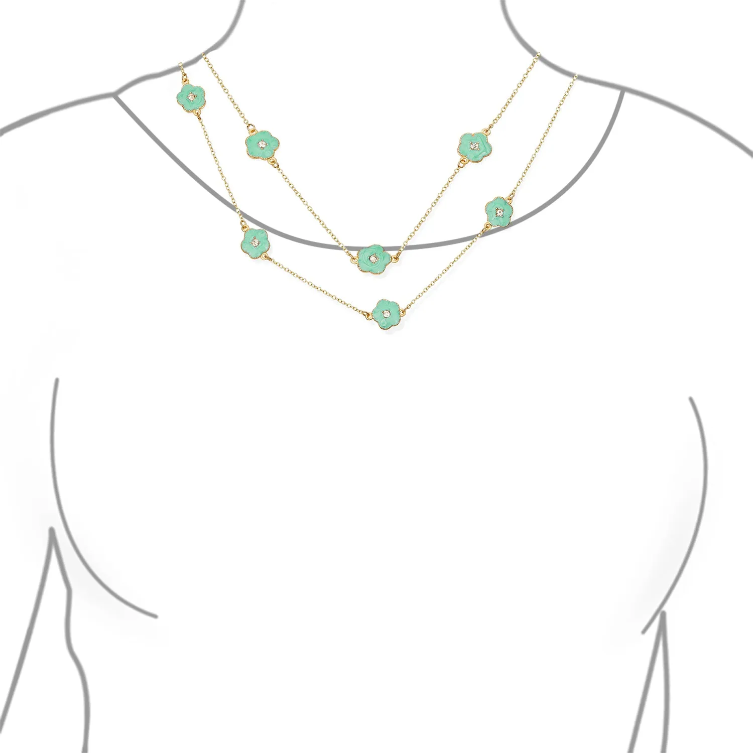 Fashion Enamel Flower Strand Necklace 14K Gold Plated 36 Inch Crystal Accents