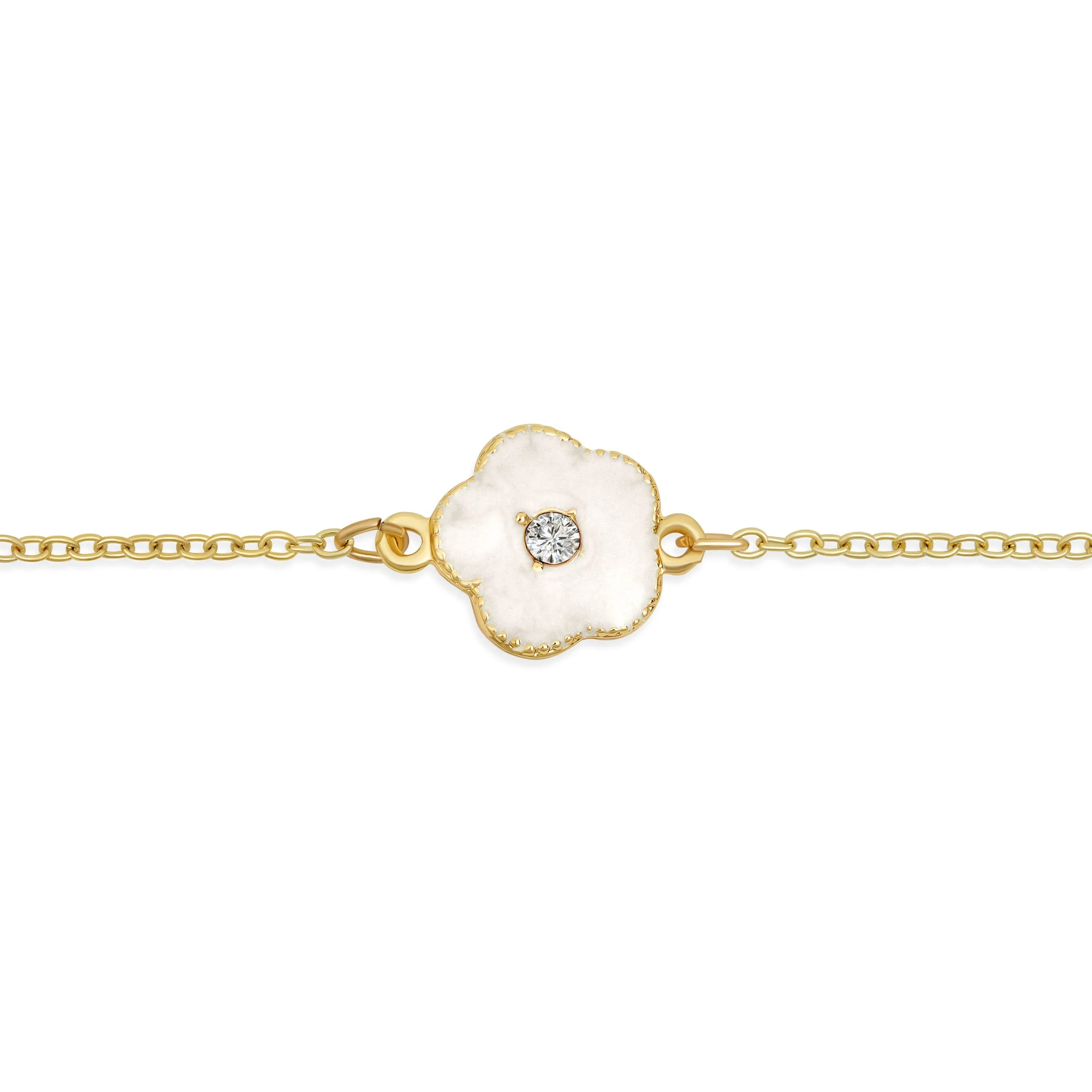 Fashion Enamel Flower Strand Necklace 14K Gold Plated 36 Inch Crystal Accents
