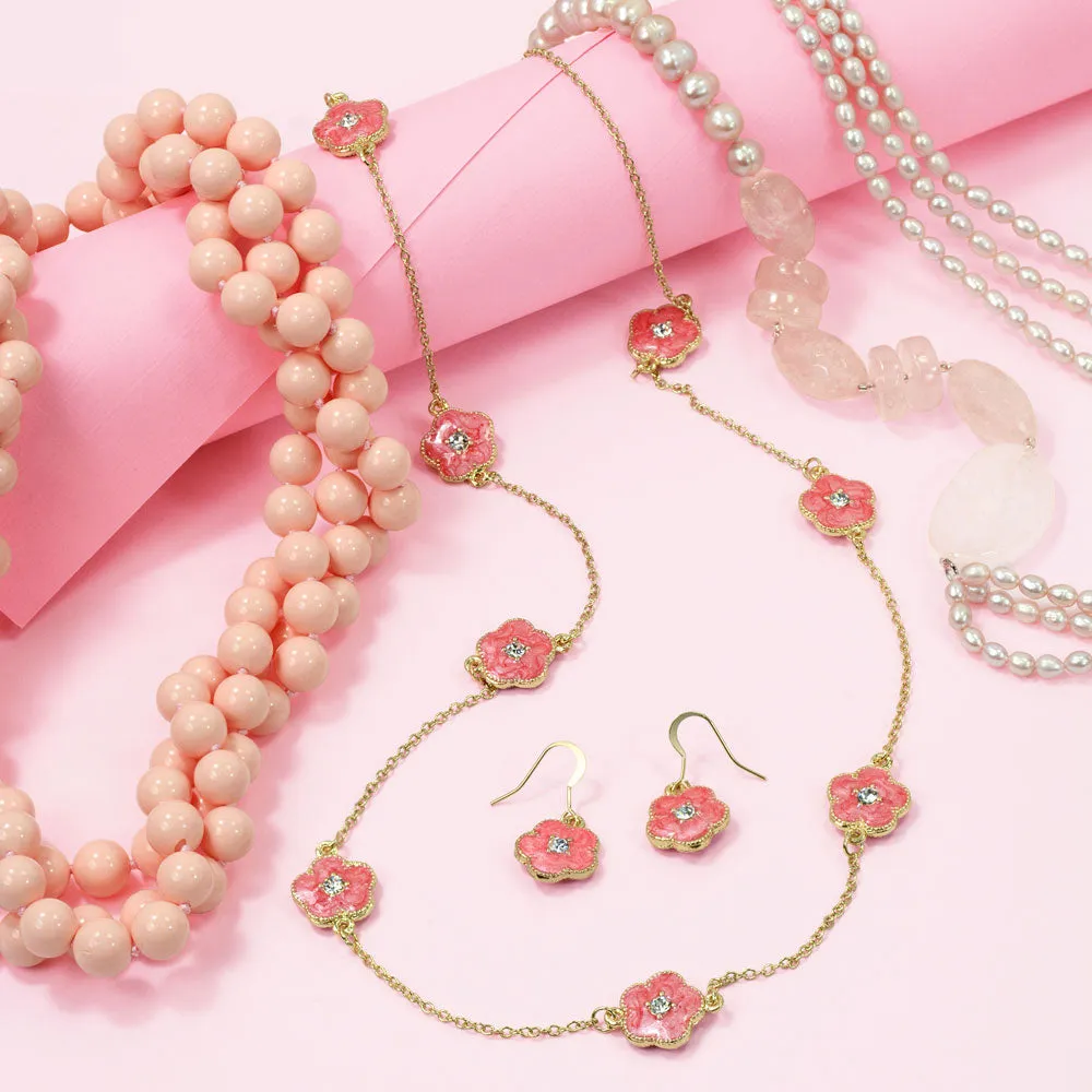 Fashion Enamel Flower Strand Necklace 14K Gold Plated 36 Inch Crystal Accents