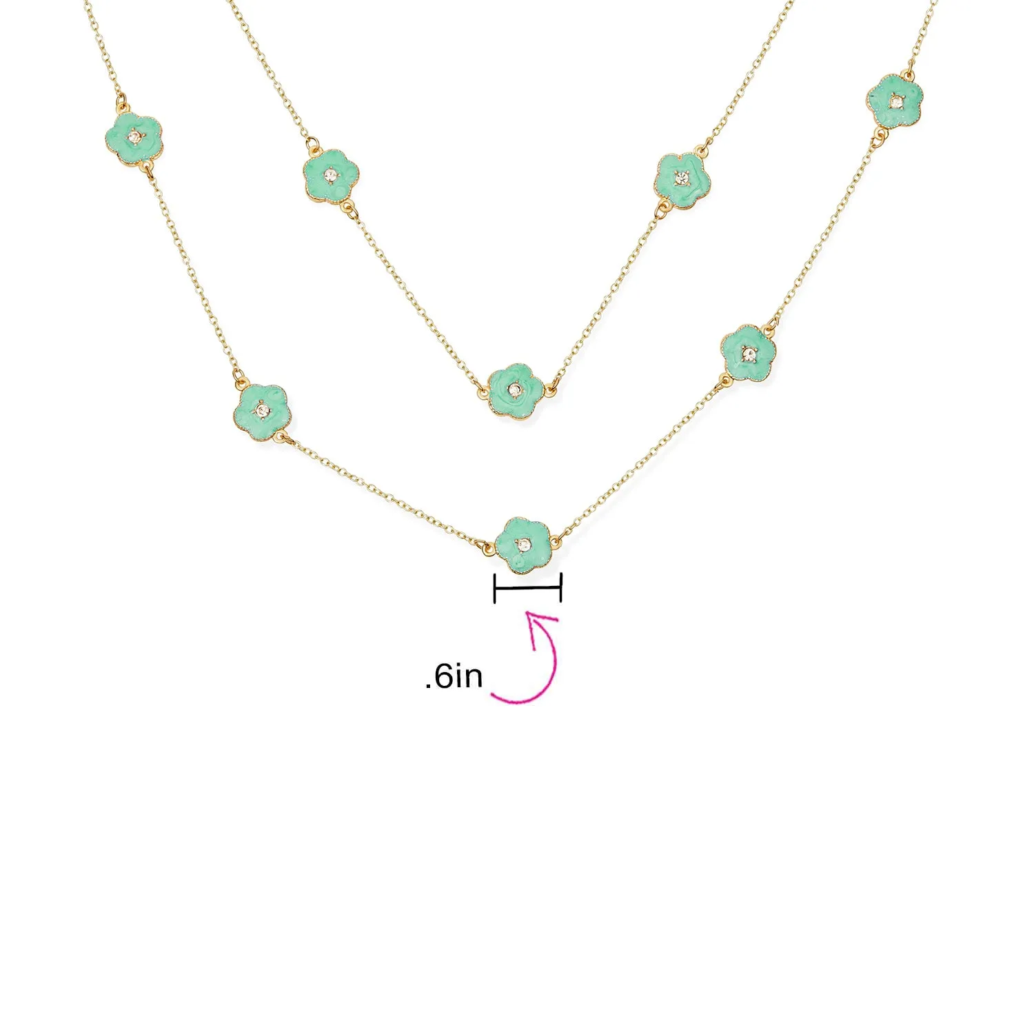 Fashion Enamel Flower Strand Necklace 14K Gold Plated 36 Inch Crystal Accents