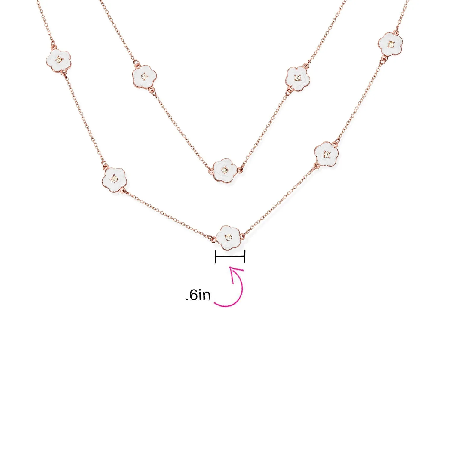 Fashion Enamel Flower Strand Necklace 14K Gold Plated 36 Inch Crystal Accents