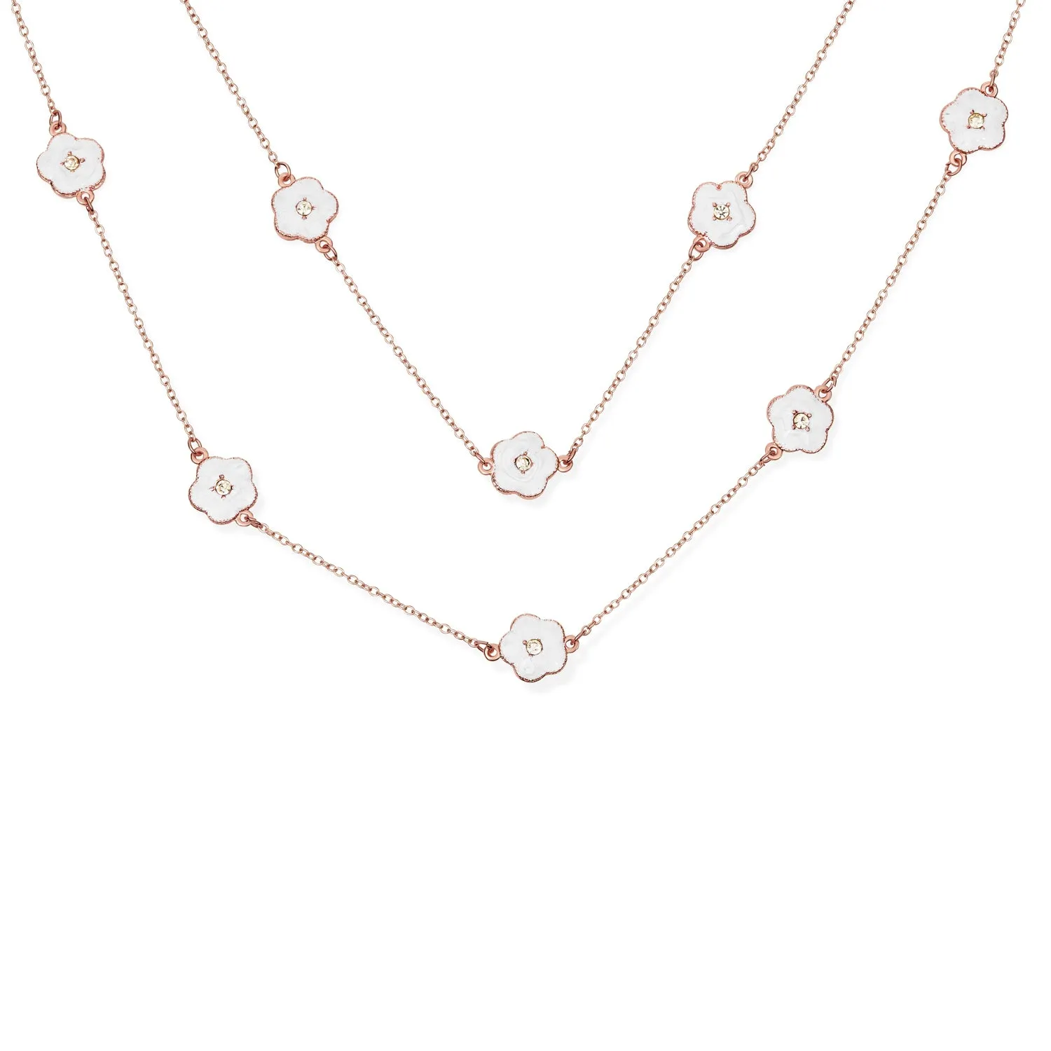 Fashion Enamel Flower Strand Necklace 14K Gold Plated 36 Inch Crystal Accents