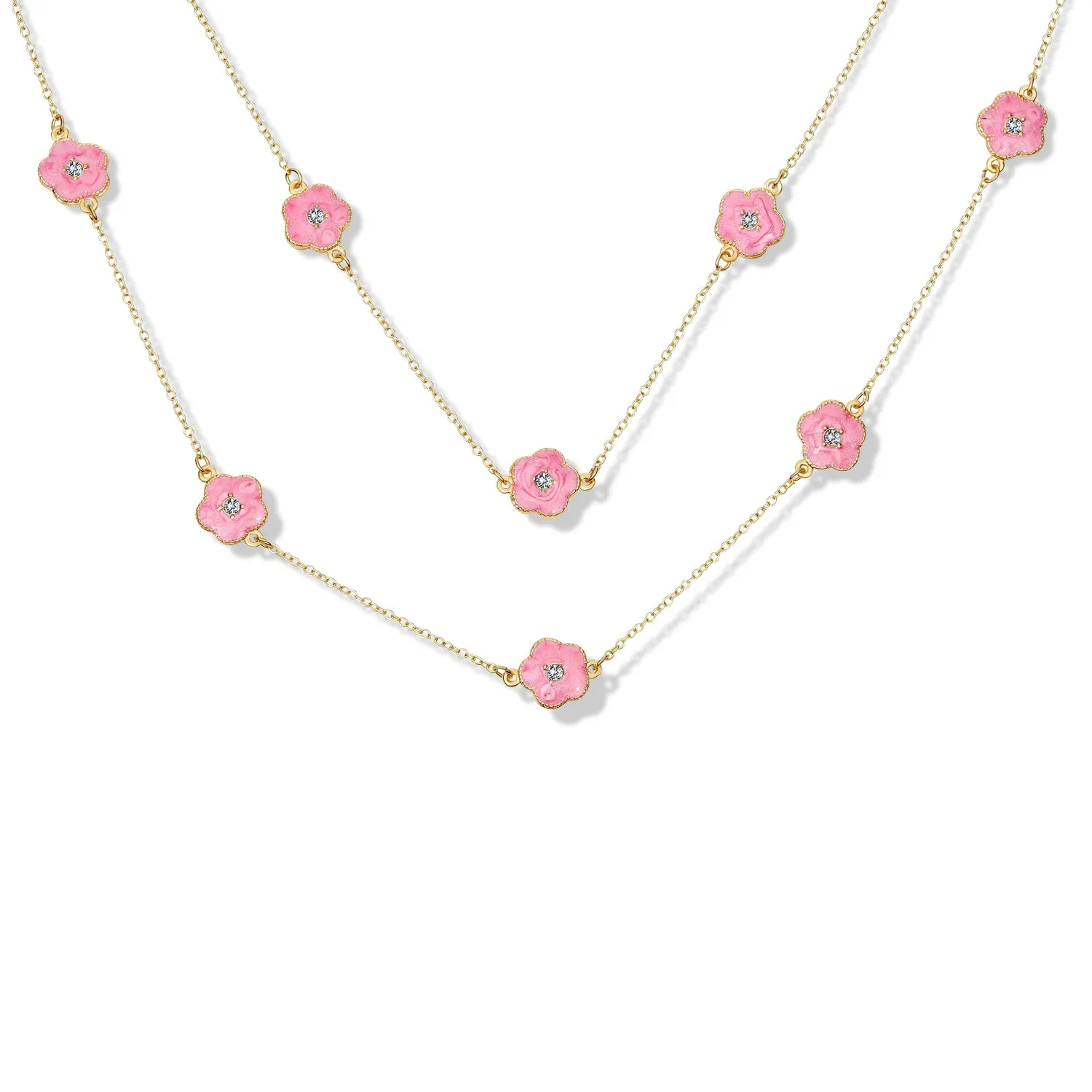 Fashion Enamel Flower Strand Necklace 14K Gold Plated 36 Inch Crystal Accents