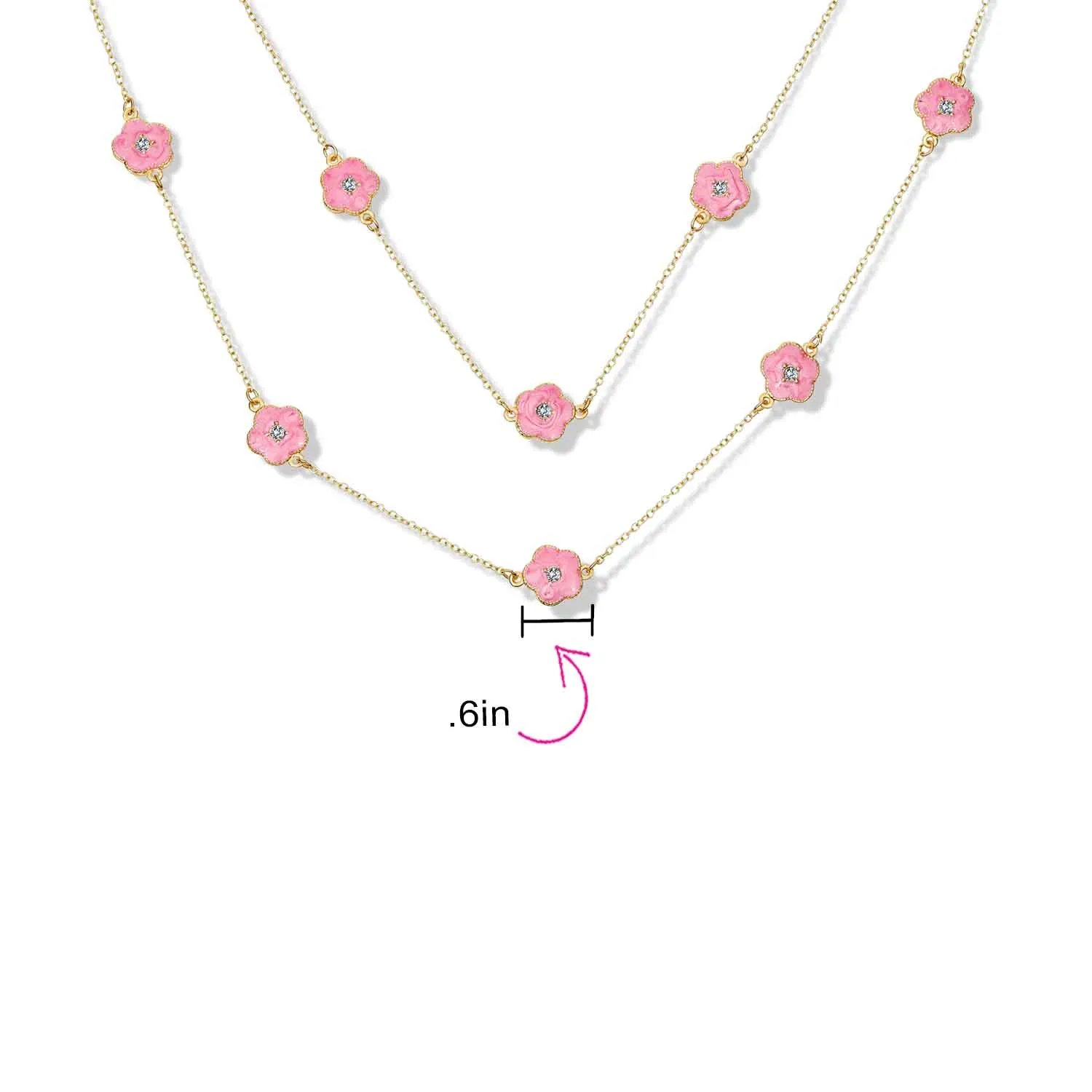 Fashion Enamel Flower Strand Necklace 14K Gold Plated 36 Inch Crystal Accents