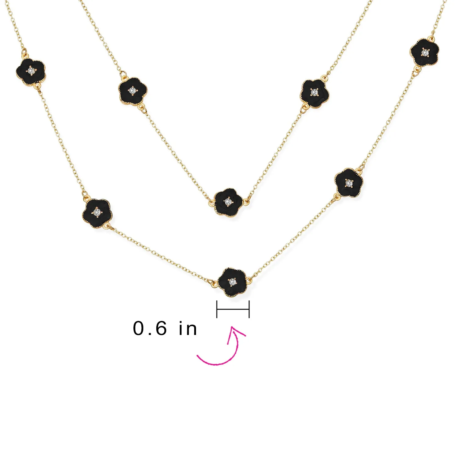 Fashion Enamel Flower Strand Necklace 14K Gold Plated 36 Inch Crystal Accents
