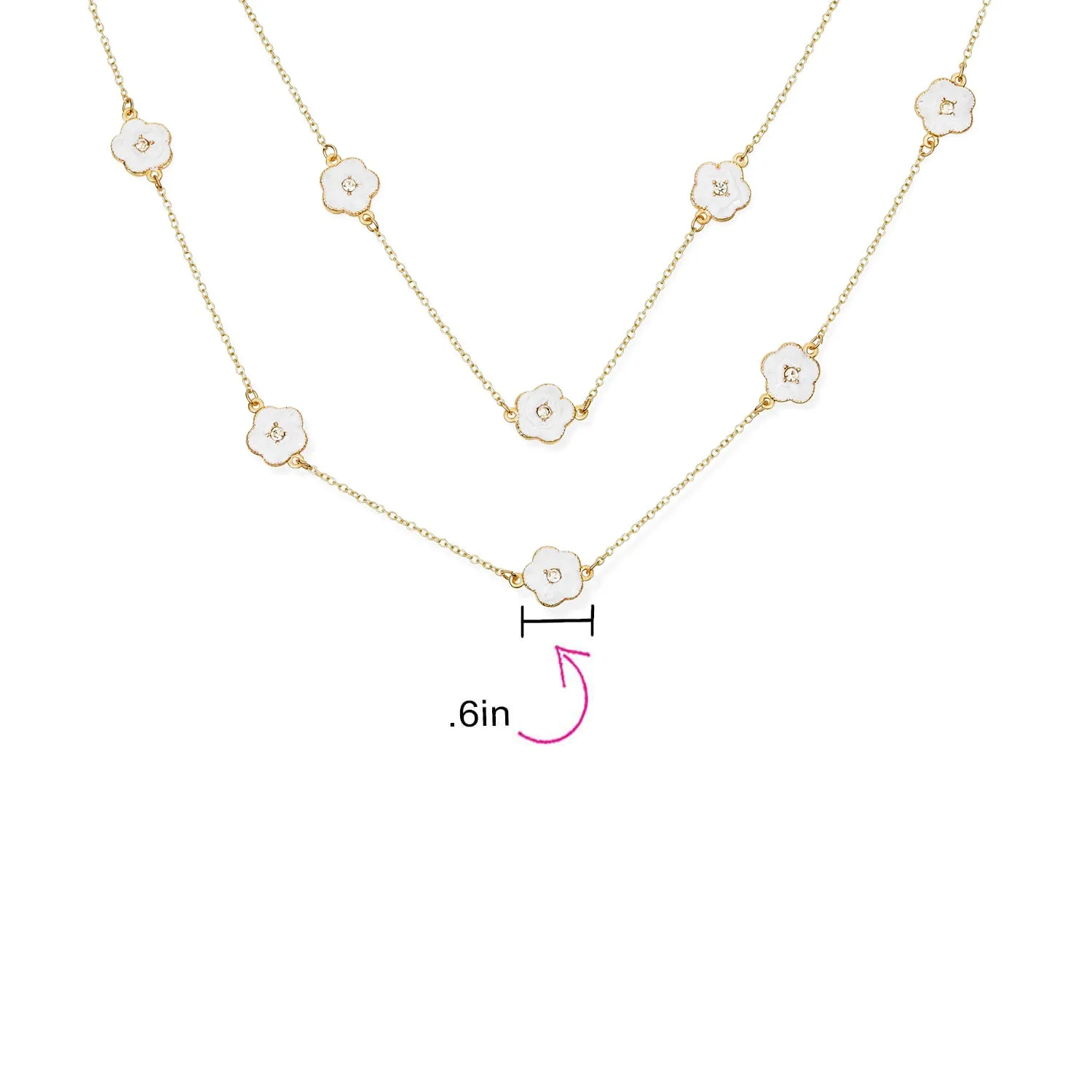 Fashion Enamel Flower Strand Necklace 14K Gold Plated 36 Inch Crystal Accents