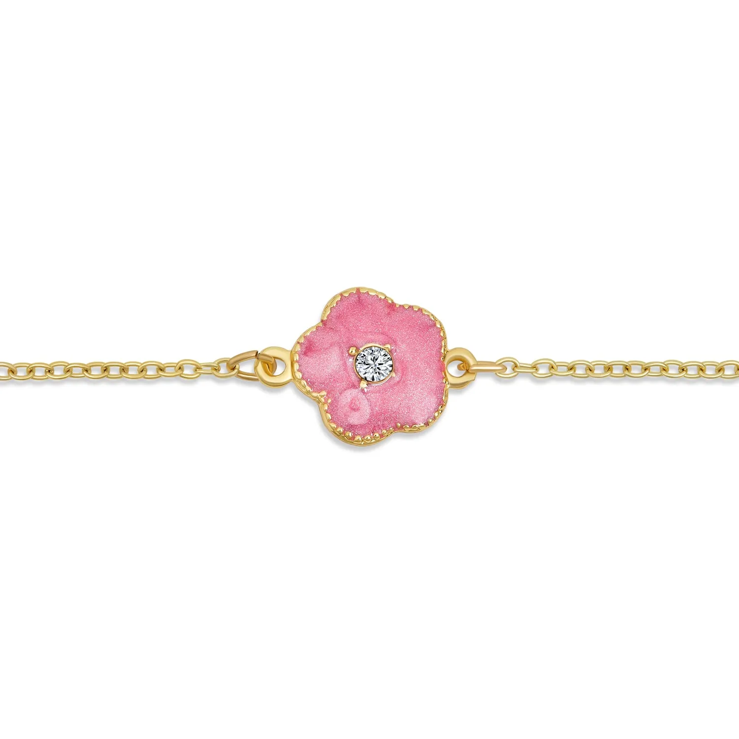 Fashion Enamel Flower Strand Necklace 14K Gold Plated 36 Inch Crystal Accents