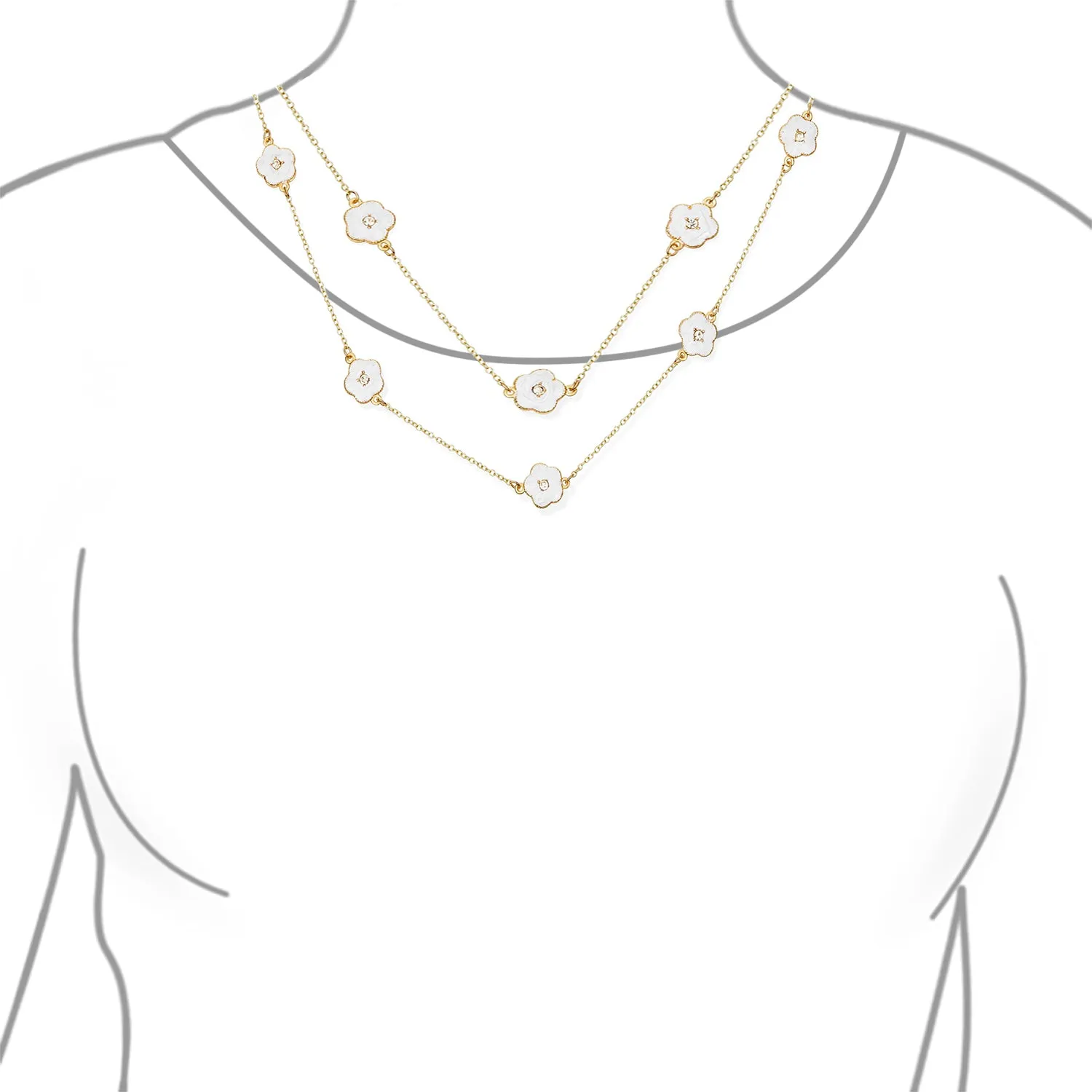 Fashion Enamel Flower Strand Necklace 14K Gold Plated 36 Inch Crystal Accents