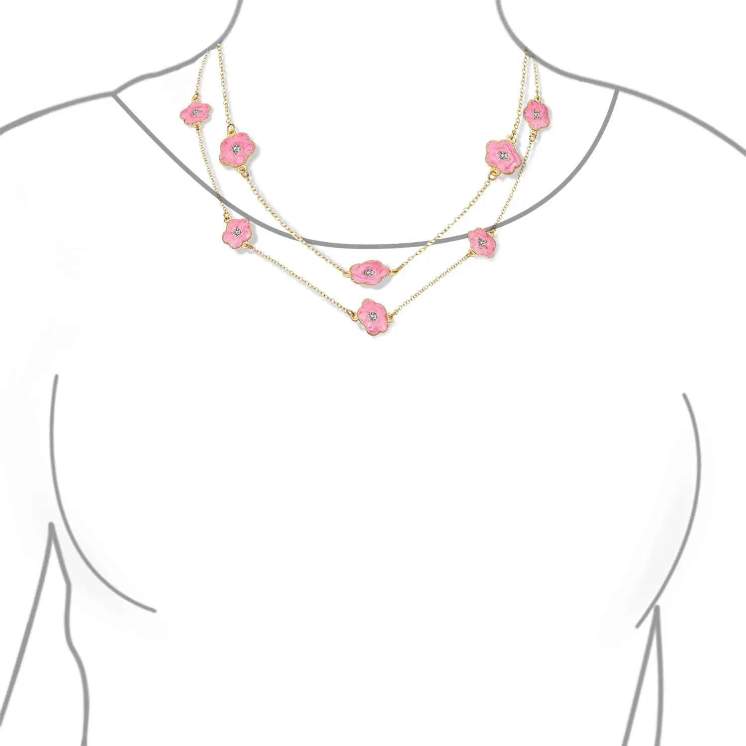 Fashion Enamel Flower Strand Necklace 14K Gold Plated 36 Inch Crystal Accents