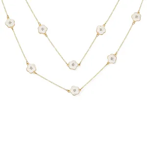 Fashion Enamel Flower Strand Necklace 14K Gold Plated 36 Inch Crystal Accents