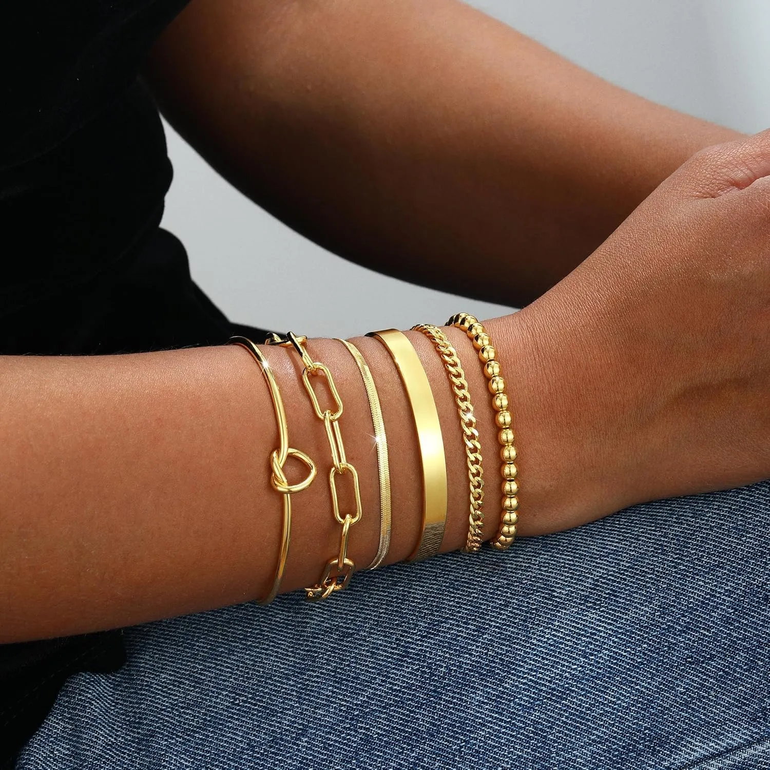 Gold Bracelets for women 14K Gold Bangle Bracelet Stack - Adjustable Waterproof Trendy Bracelets Gold Filled Stacks Bangles Link Chain Gold Bracelet Non Tarnish for Women Collection Jewelry Gifts
