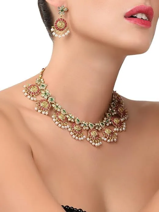 Gold Toned Indian Traditional Temple Choker Necklace Set For Women