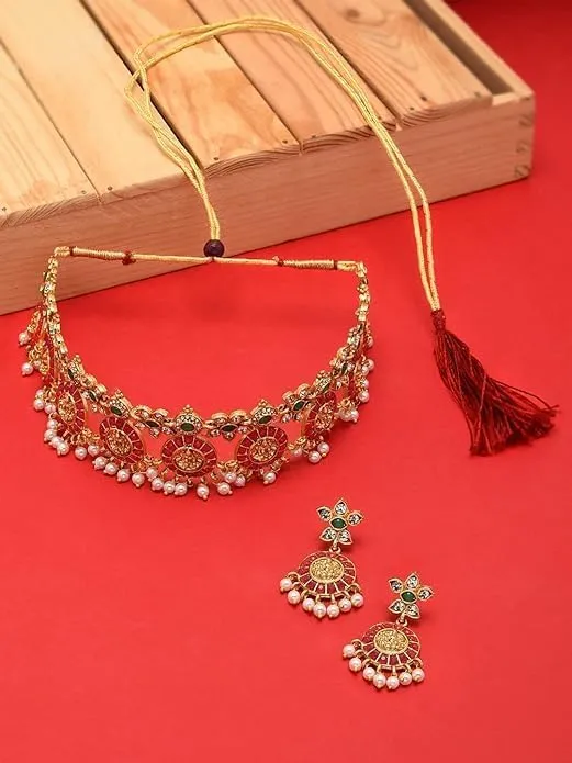 Gold Toned Indian Traditional Temple Choker Necklace Set For Women