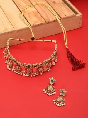 Gold Toned Indian Traditional Temple Choker Necklace Set For Women