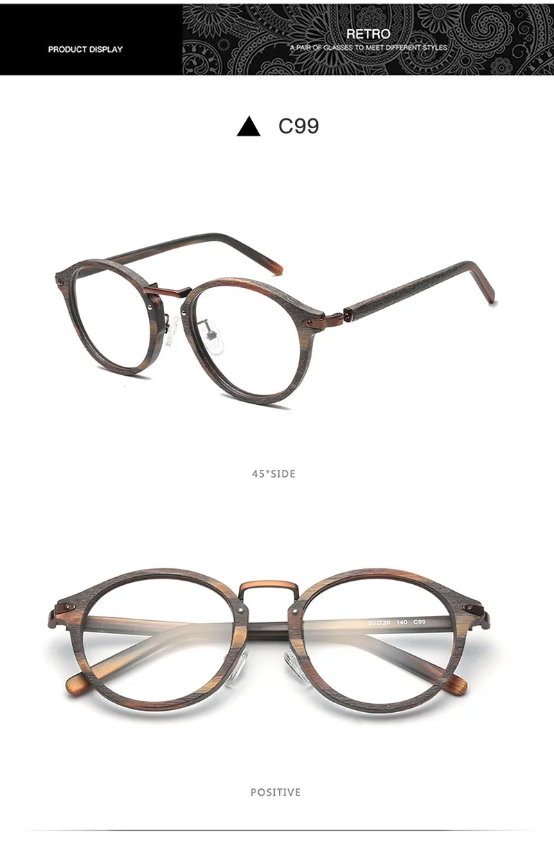 Hdcrafter Unisex Full Round Rim Wood Alloy Eyeglasses Bc06