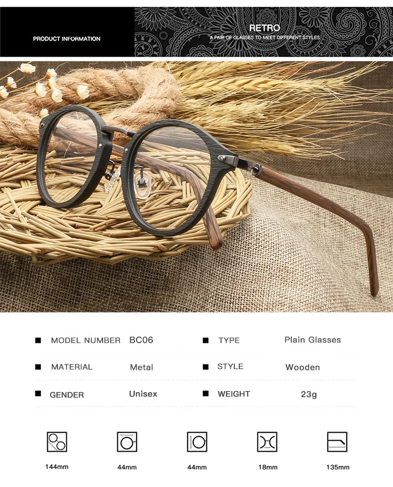 Hdcrafter Unisex Full Round Rim Wood Alloy Eyeglasses Bc06