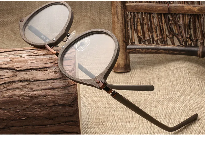 Hdcrafter Unisex Full Round Rim Wood Alloy Eyeglasses Bc06