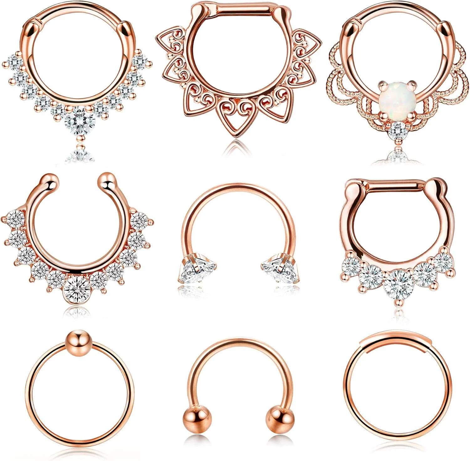 JOERICA 9 Pcs Stainless Steel Septum Hoop Nose Rings Cartilage Daith Earrings Clicker CZ Body Piercing Jewelry