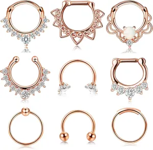 JOERICA 9 Pcs Stainless Steel Septum Hoop Nose Rings Cartilage Daith Earrings Clicker CZ Body Piercing Jewelry