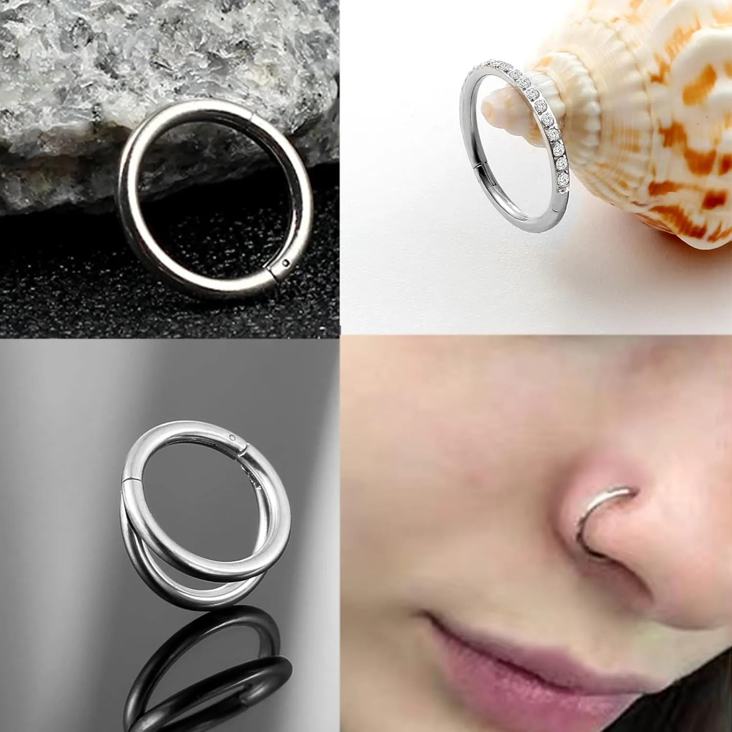 MOQIKAKA16G 18G 20G Surgical Steel Nose Septum Rings Hoops - Stainless Steel Segment Nose Rings Hoop Helix Cartilage Clicker Daith Tragus Sleeper Hoop Earrings, Body Piercing Rings for Women Men 6mm 8mm 10mm