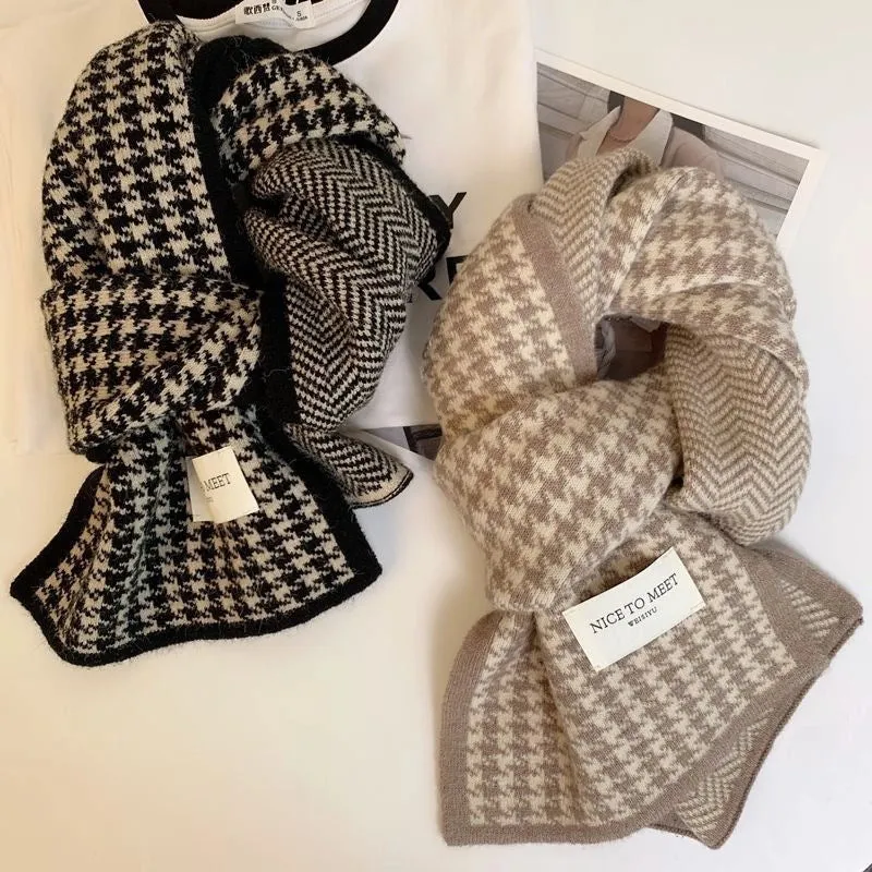 New Korean-style Classic Houndstooth Double-sided Scarf Women's Autumn And Winter Warm Fashion Knitted Scarf  Wind-blocking Scarf