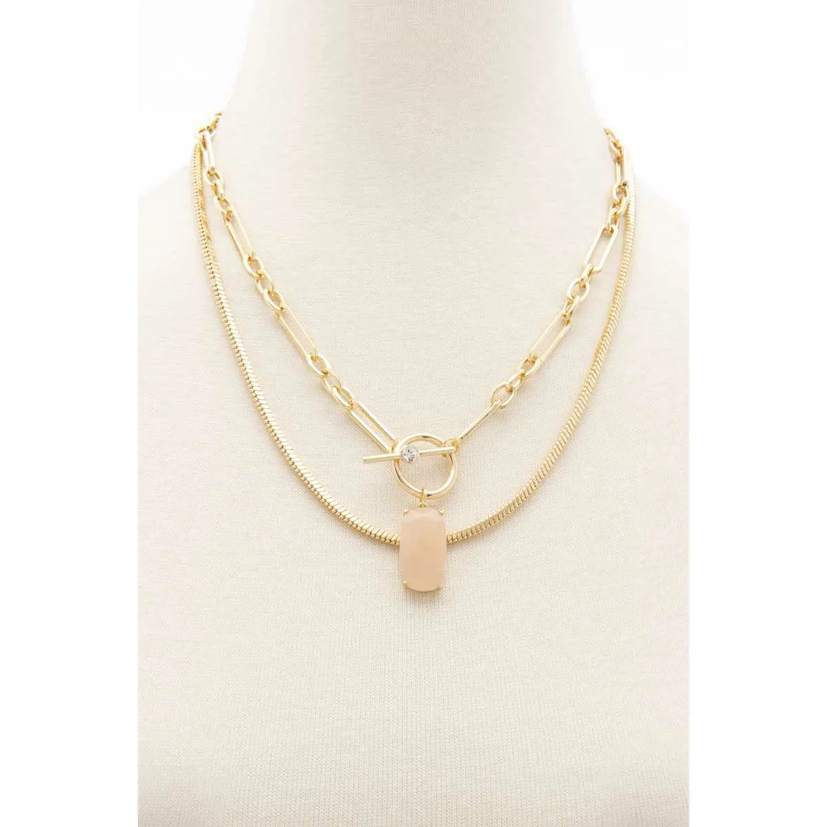 Oval Stone Toggle Clasp Layered Necklace