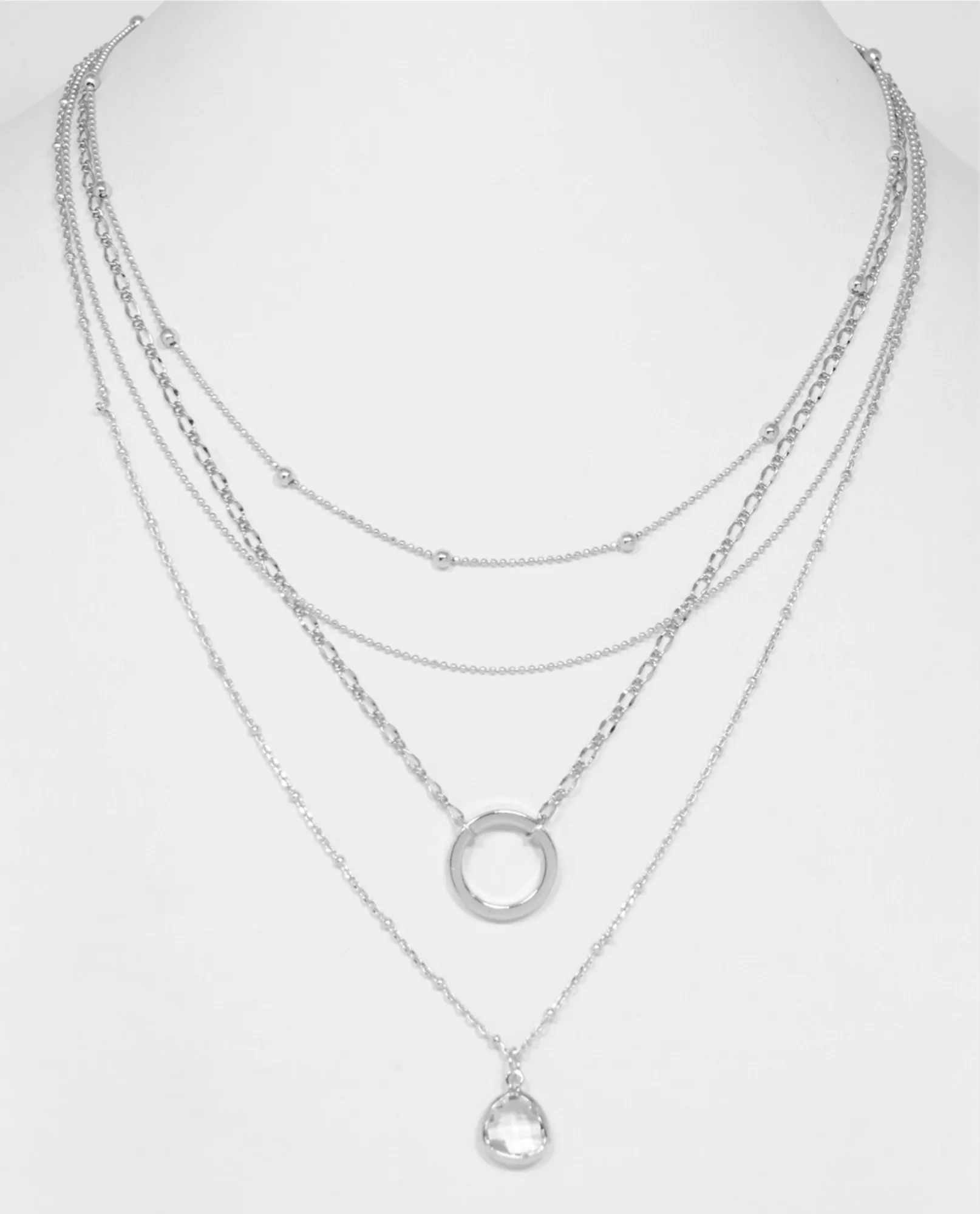 Silver Layered Chain with Open Circle and Stone 16"-18" Necklace