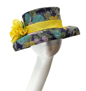 Sinamay Hat "Audrey" in Navy & Gold Floral Print