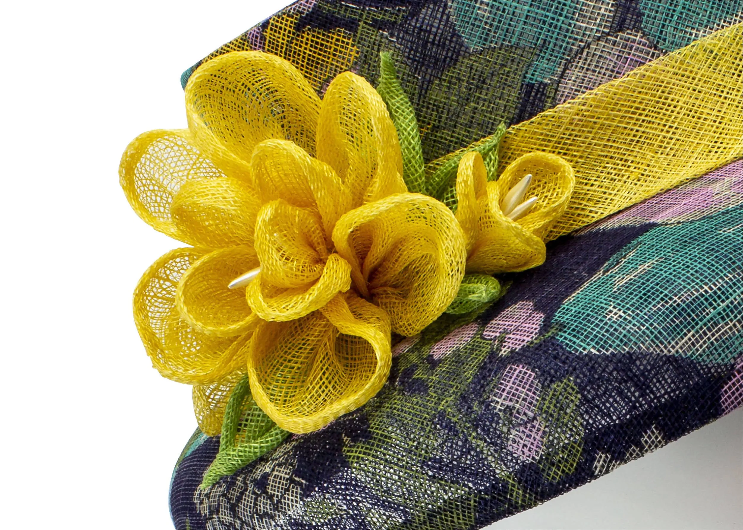 Sinamay Hat "Audrey" in Navy & Gold Floral Print