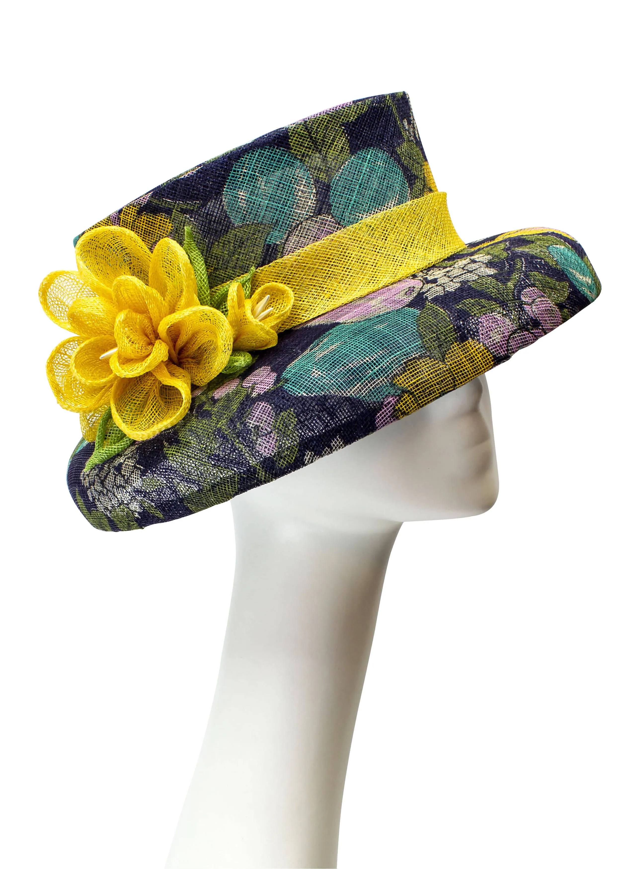 Sinamay Hat "Audrey" in Navy & Gold Floral Print