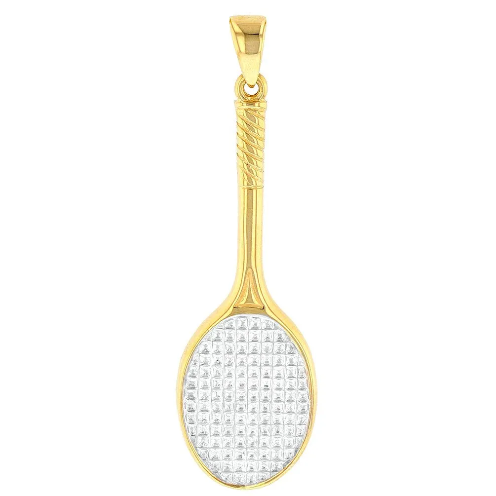Solid 14K Yellow Gold Tennis Racquet Charm Sports Pendant with Cuban Chain Necklace