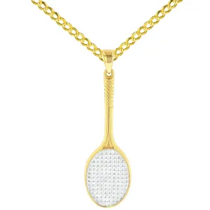 Solid 14K Yellow Gold Tennis Racquet Charm Sports Pendant with Cuban Chain Necklace