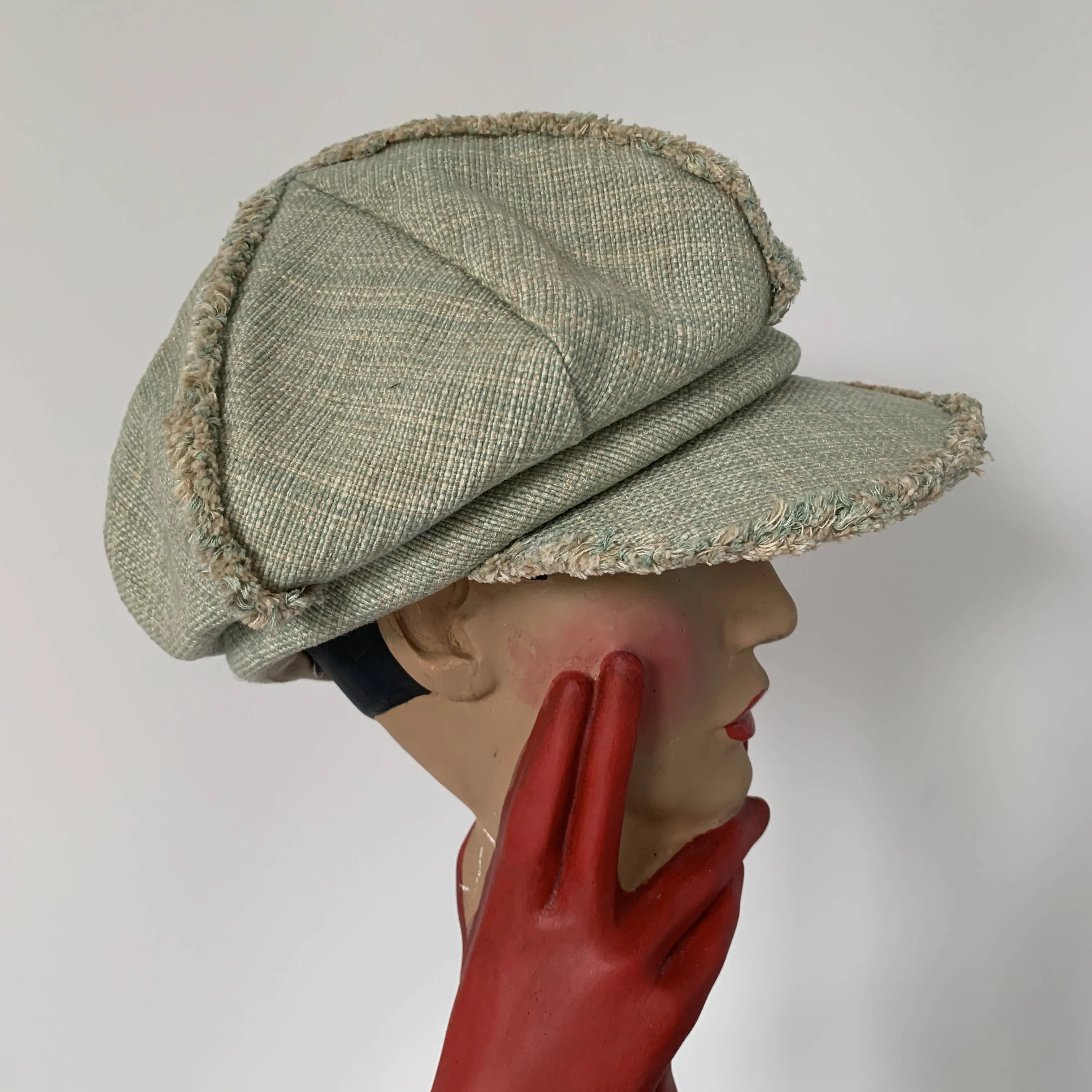 Vintage Miss Jones mint green baker boy hat in Channel tweed trimmed wool by Stephen Jones made in England