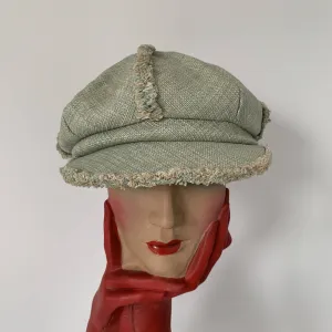 Vintage Miss Jones mint green baker boy hat in Channel tweed trimmed wool by Stephen Jones made in England
