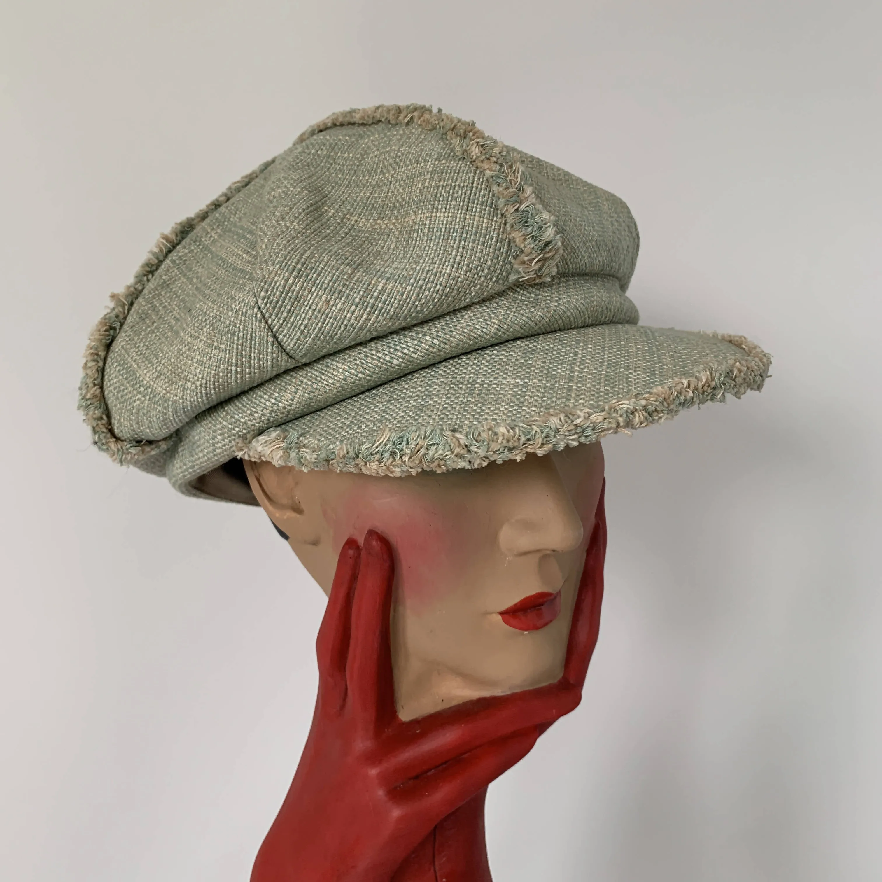 Vintage Miss Jones mint green baker boy hat in Channel tweed trimmed wool by Stephen Jones made in England