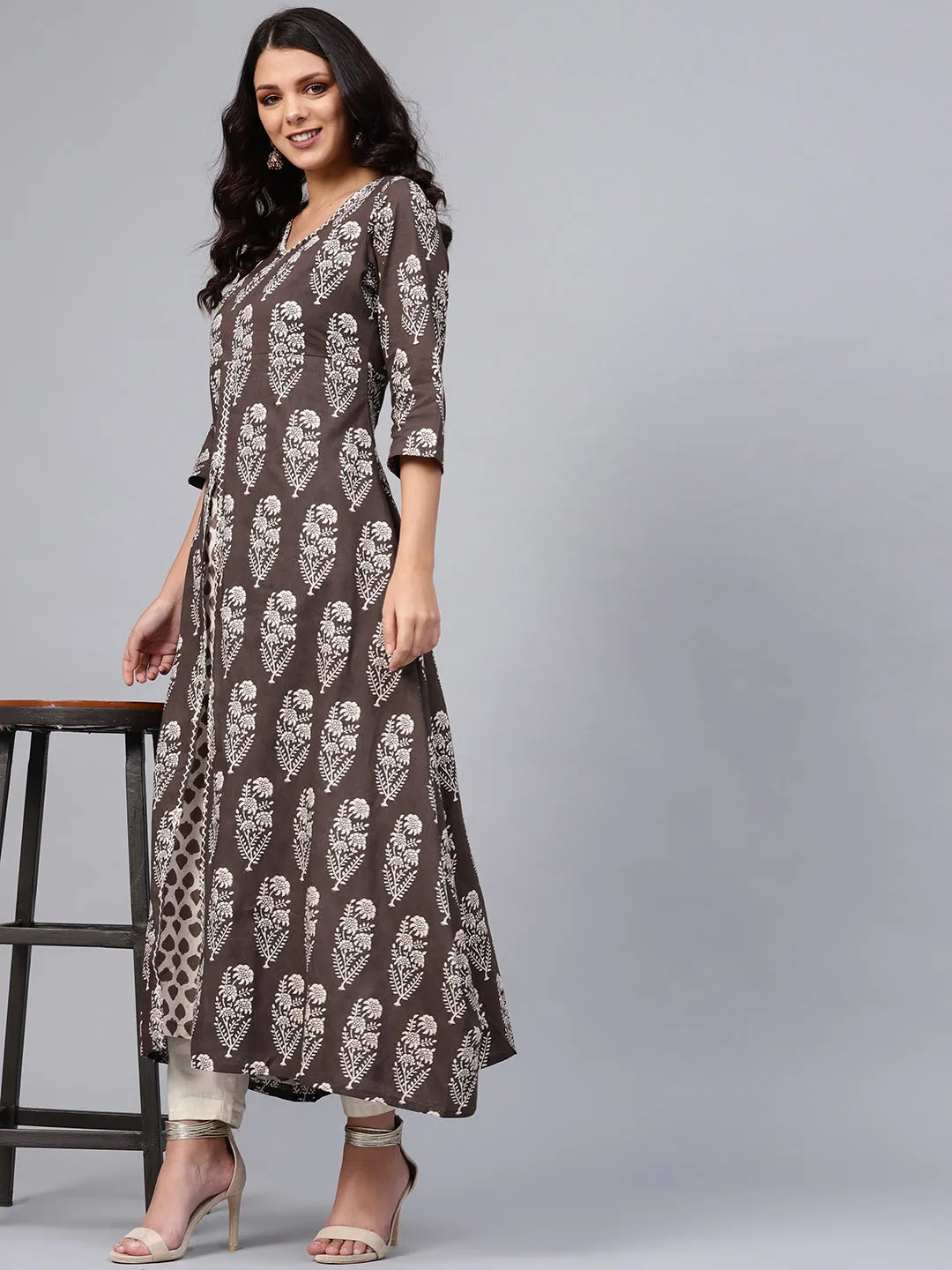 Women'S Double Layered Brown Cotton Kurta